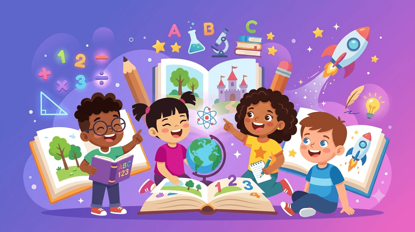 Happy kids learning together with books, a globe, and subject icons