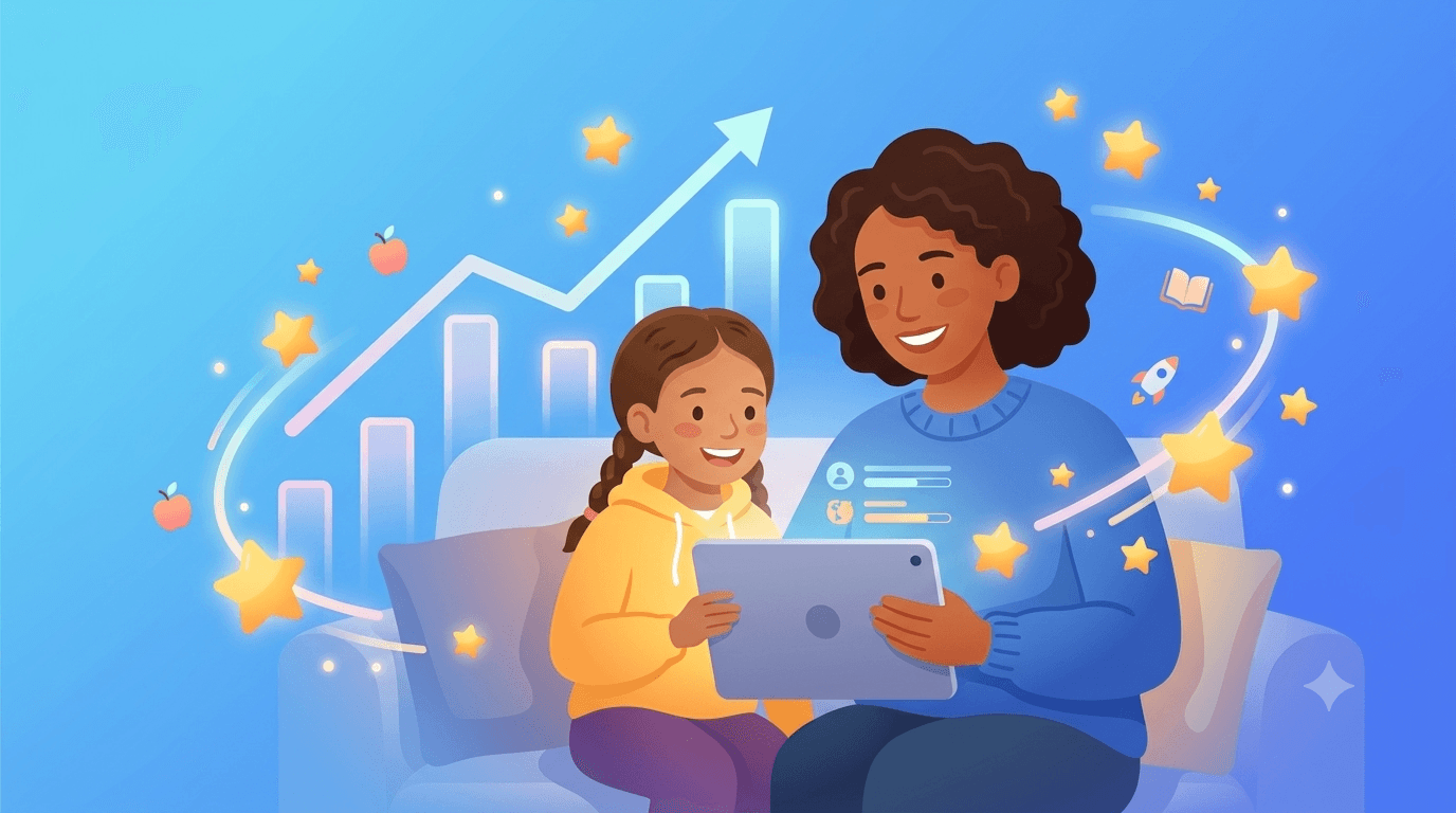 A parent and child looking at a tablet with a rising progress chart